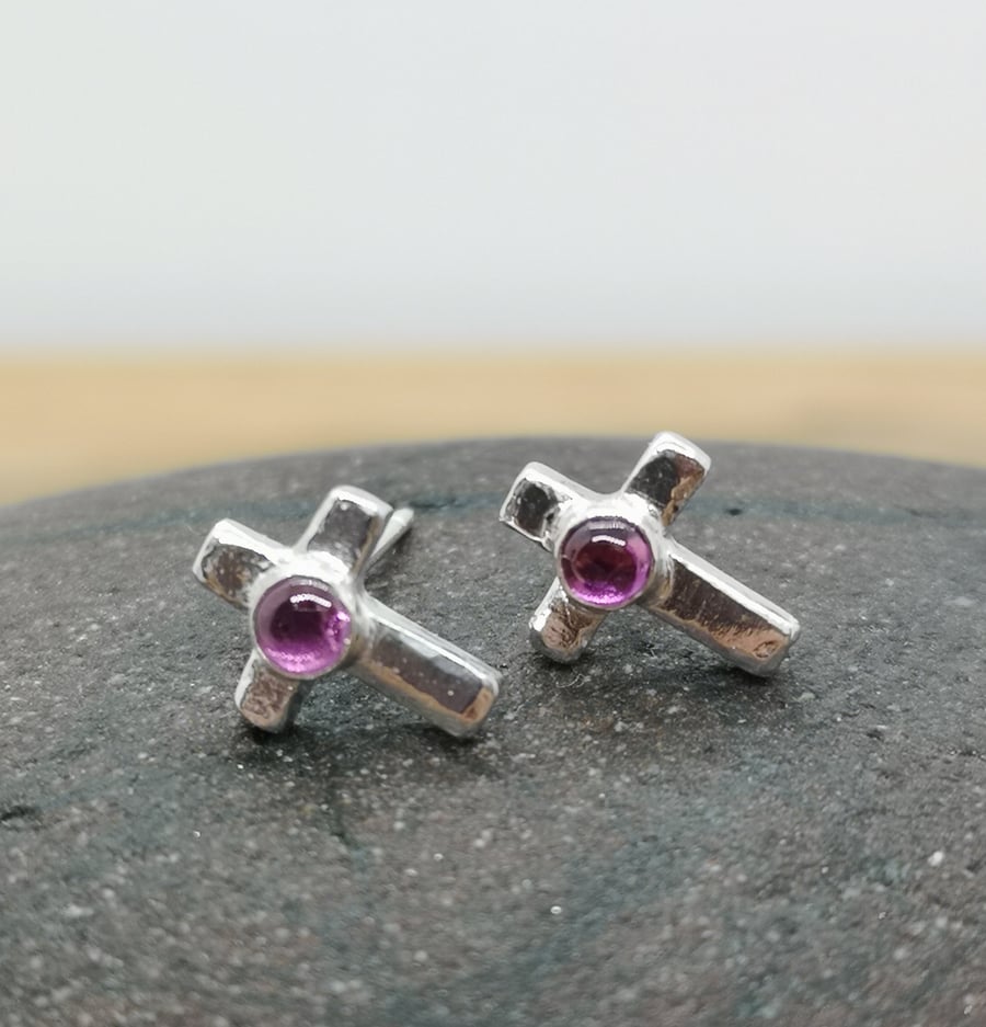 Garnet Cross Stud Earrings 