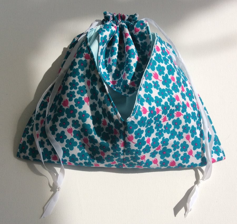 Drawstring bag, make up bag, toiletries, craft project bag, craft storage