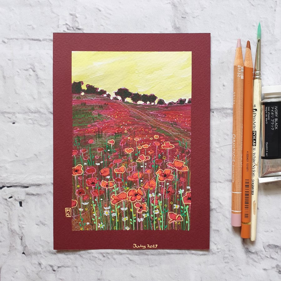 Poppy Field small original wall art, original d... Folksy