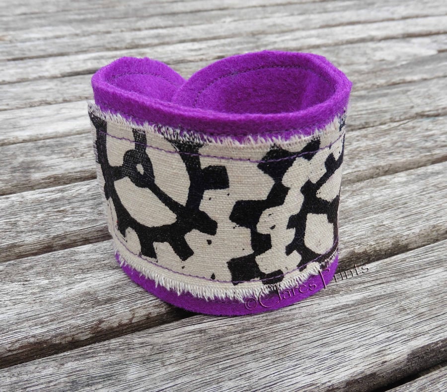 Steampunk Cogs Pink Wrist Cuff Hand Printed Fabric Wearable Artwork Bracelet