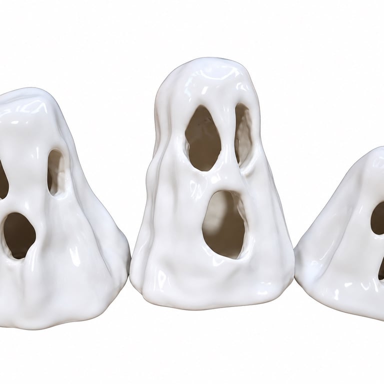 Set of 3 Plain Shiny White Ceramic Ghost Incense Holders
