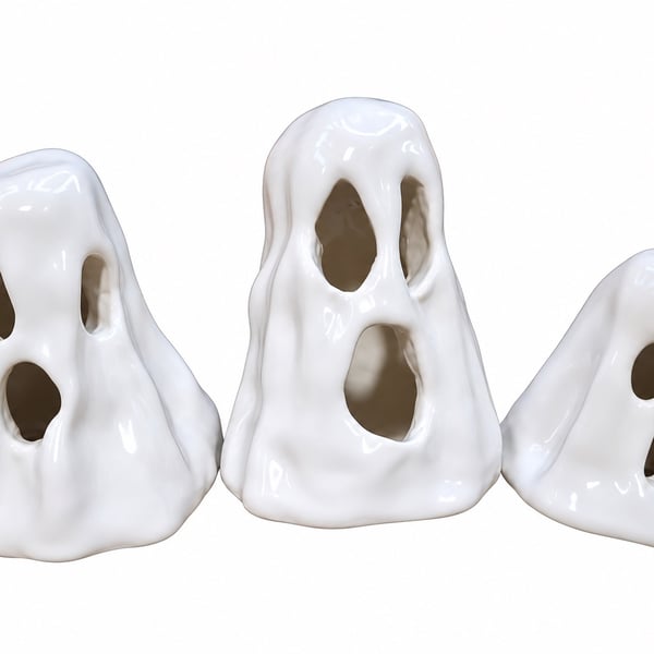 Set of 3 Plain Shiny White Ceramic Ghost Incense Holders