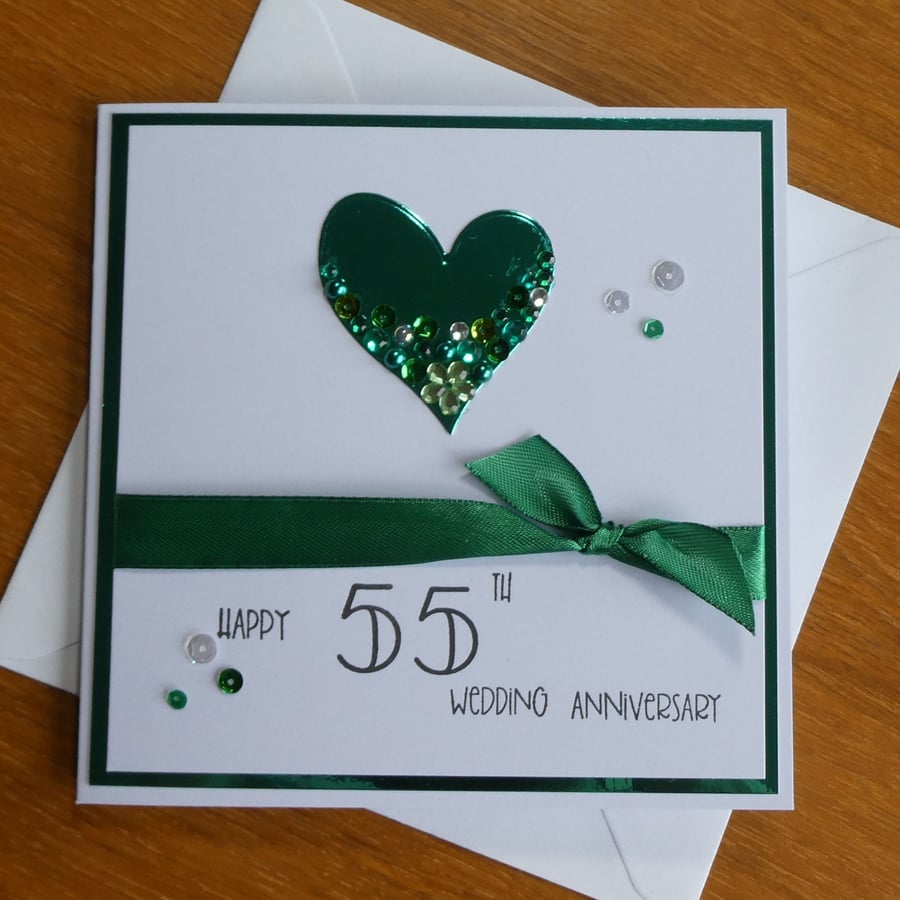 Embellished Heart Emerald Wedding Anniversary Card - 55th Anniversary