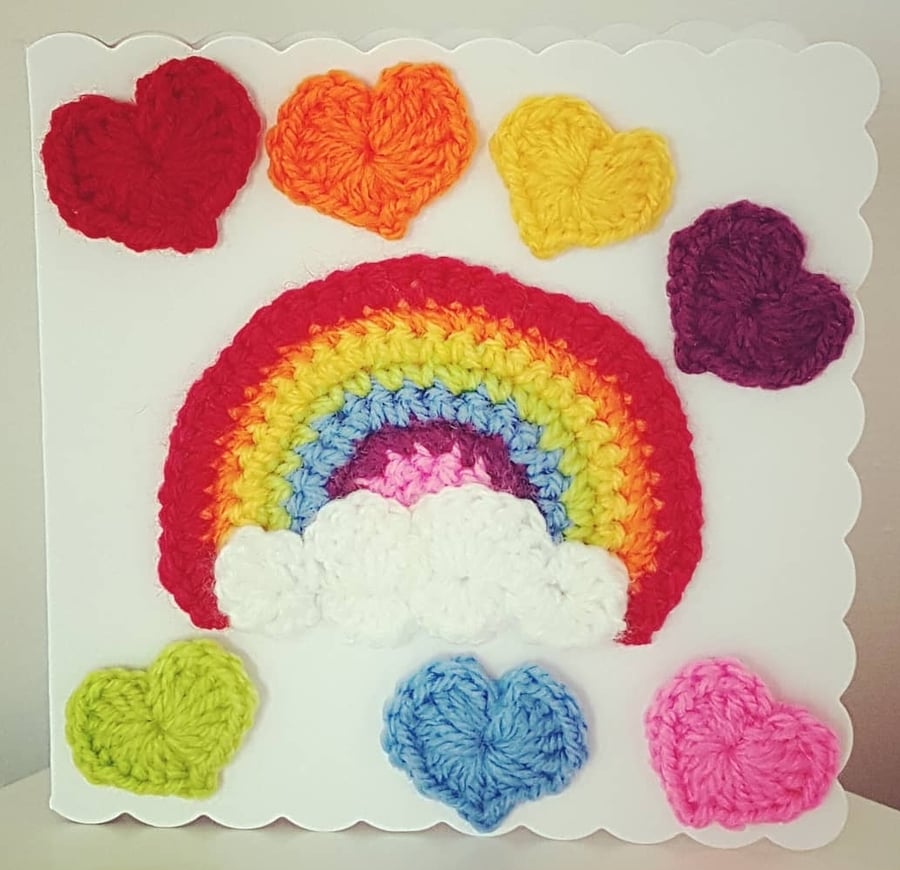 Hand crochet rainbow & hearts card