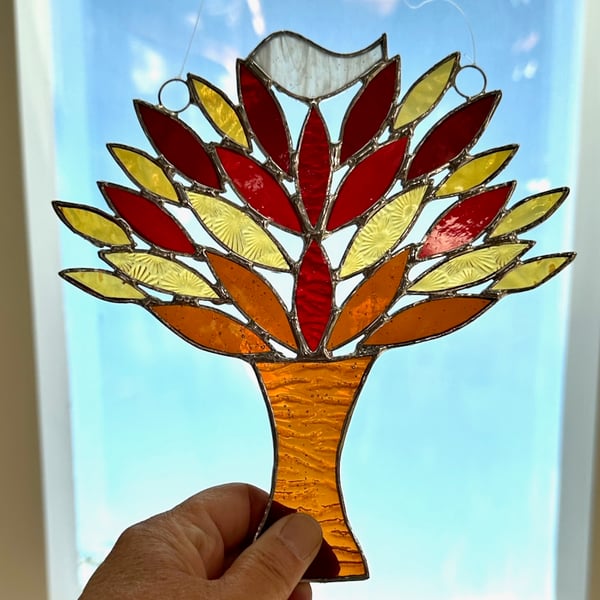 Stained Glass Birdie in a Tree Suncatcher - Handmade Decoration - Autumn
