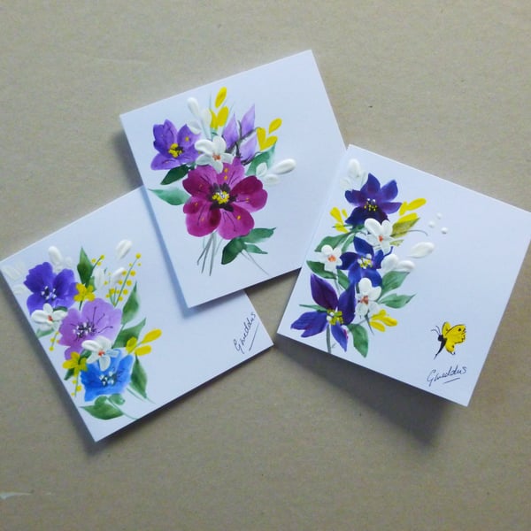 set of three hand painted floral blank cards ( ref FA 124 G1 )