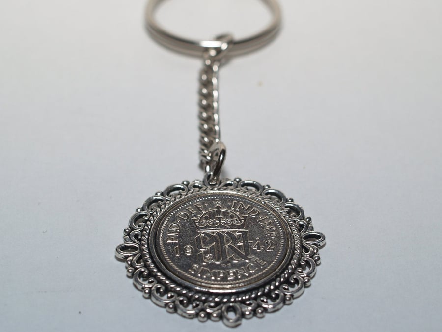 Fancy Pendant 1945 Lucky sixpence 76th Birthday on a keychain