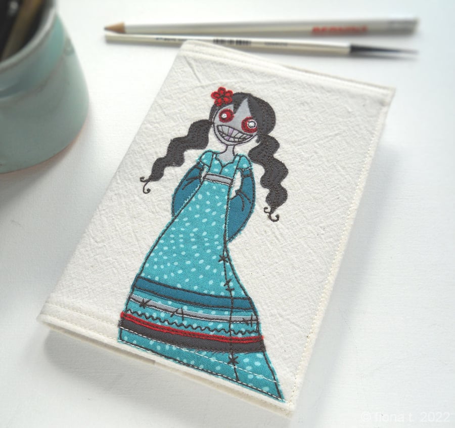 freehand embroidered zombie girl notebook sketchbook A6 teal