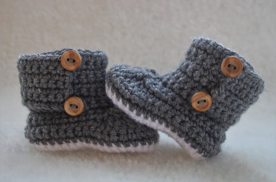 Baby Booties - Grey and White - Sizes Newborn to 3 Months