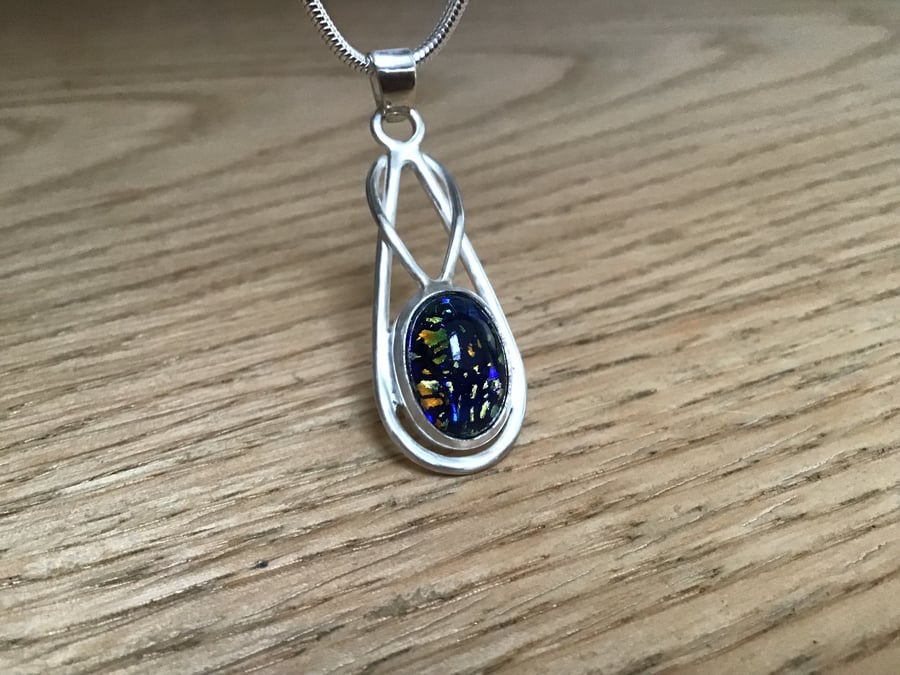 Sterling and Fine silver blue Dichroic glass fancy pendant necklace