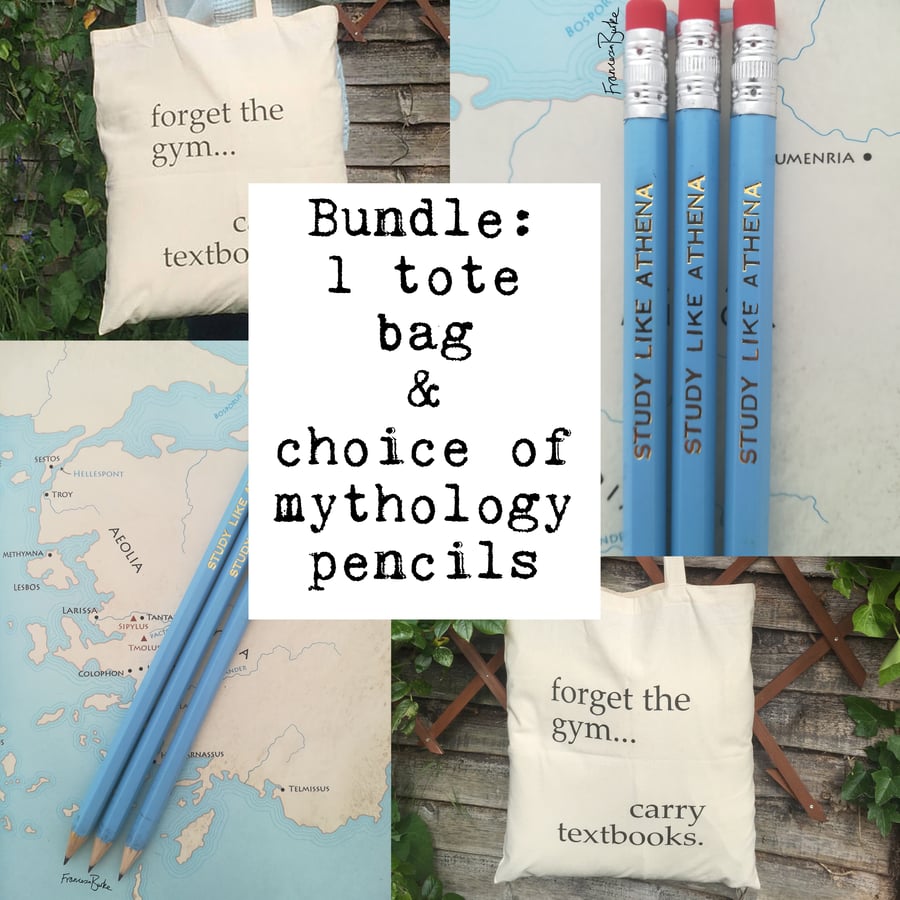 Bundle: 1 Funny Back to School Tote Bag, 3 Greek Mythology Pencils