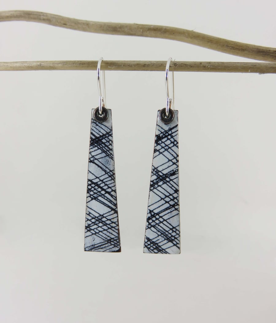 Dangle Copper Enamel Earrings with hand Drawn Detail