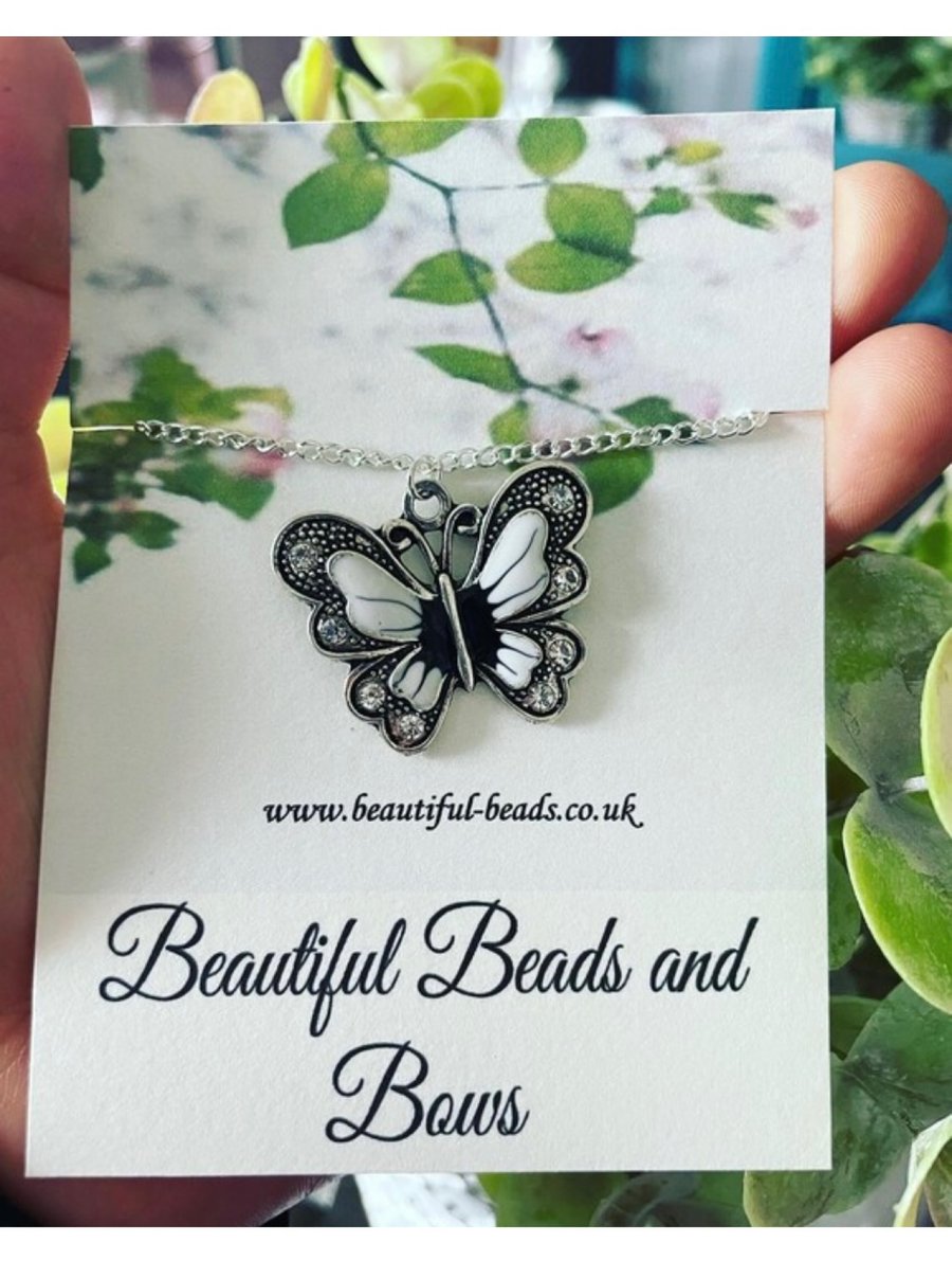 Butterfly pendant charm necklace 16 inches silvertone curb chain necklace gift