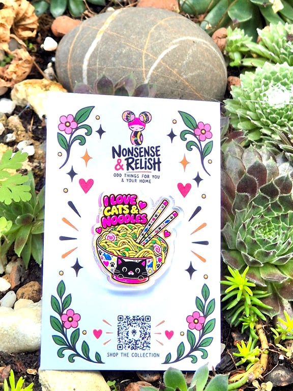 Acrylic Cat and Noodles Pin – Japanese-Inspired Art Badge (30mm)