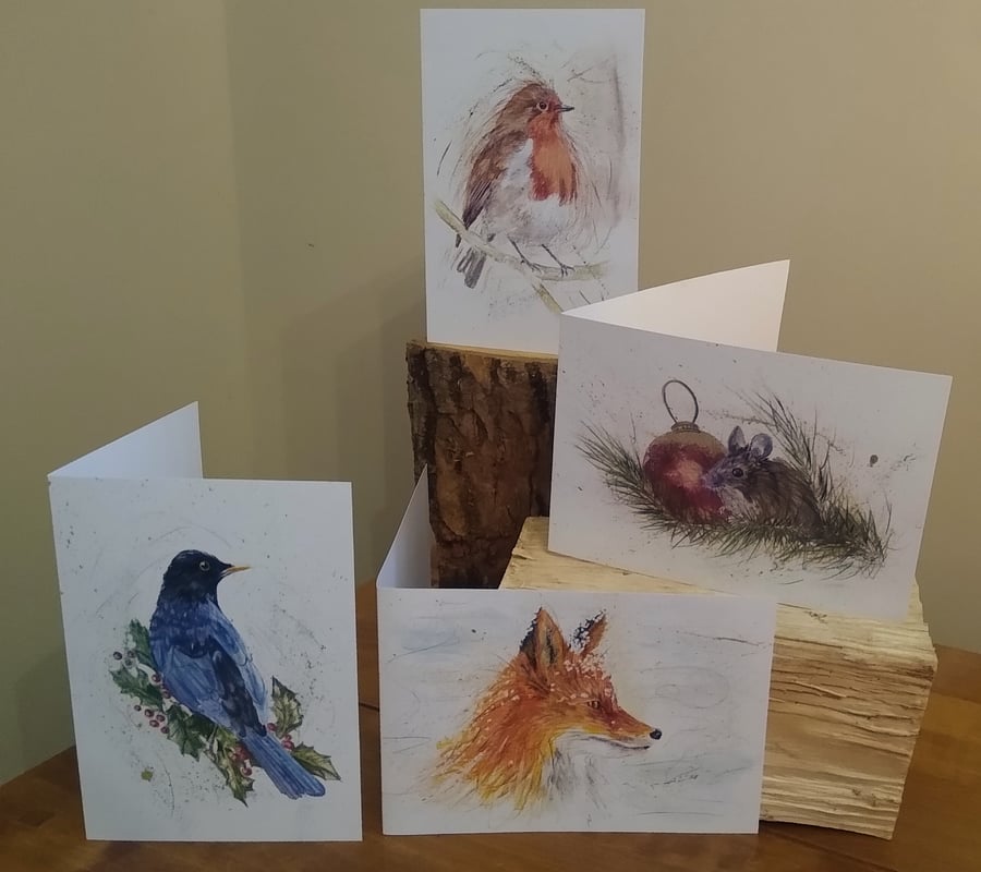 Christmas Cards, wildlife, mixed pack of 4