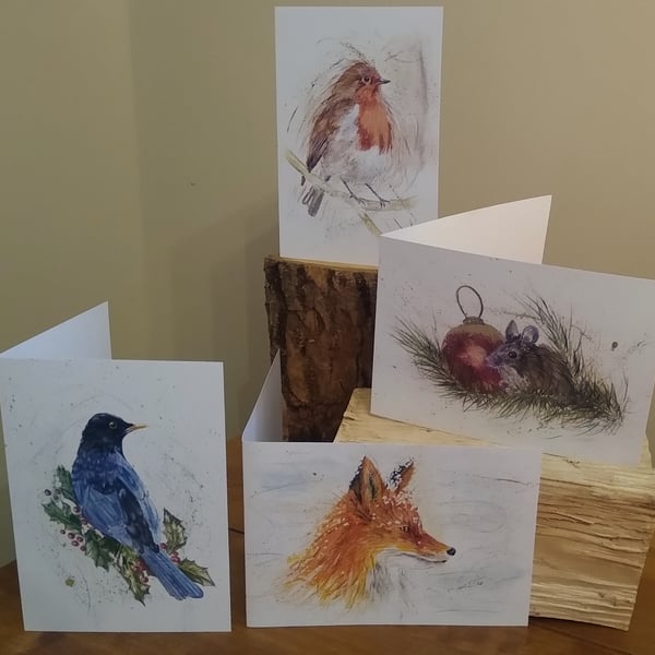 Christmas Cards, wildlife, mixed pack of 4