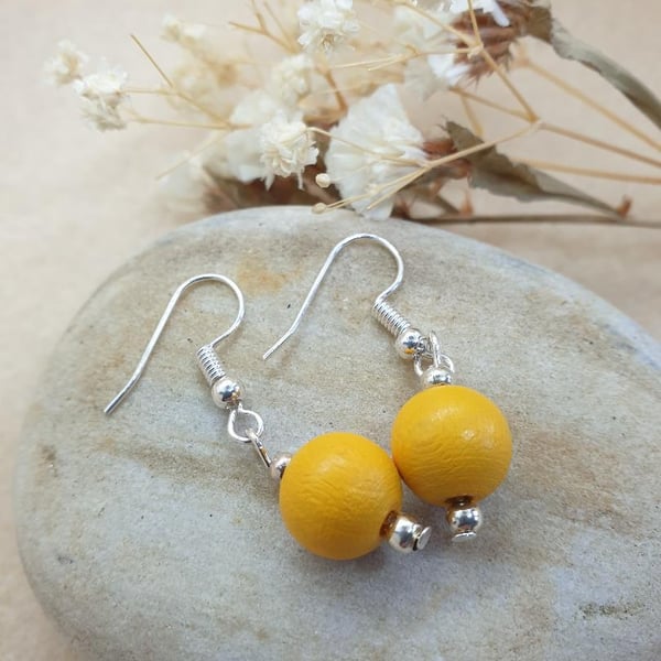 silver plated earrings with 10mm large yellow wooden painted beads summer pop