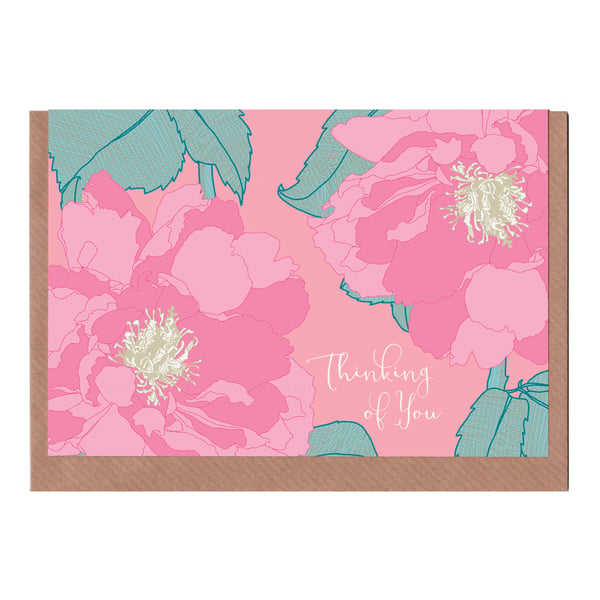 Thinking of You, Peony, Illustrated Greetings Card
