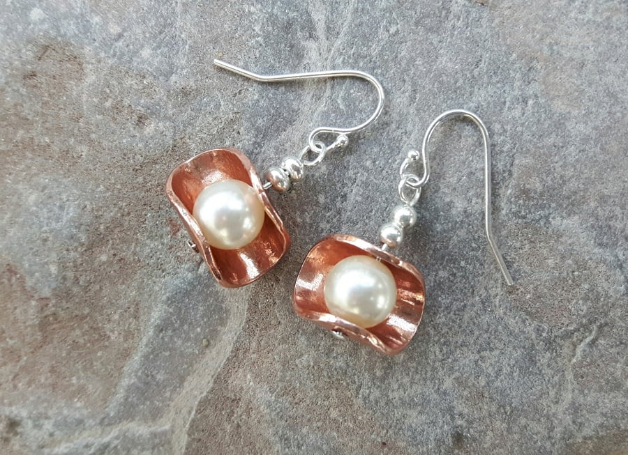 Sterling Silver, Copper and Pearl Drop Earrings