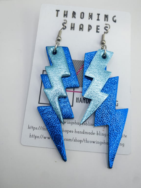 Shiny Electric blue and Sky blue lightweight leather lightening bolt earrings. F