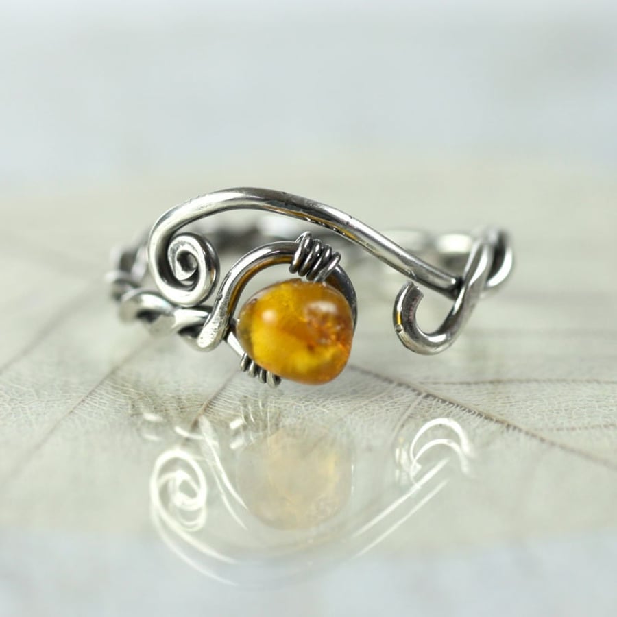 Adjustable Silver Ring with Amber - Viking Style Rustic Jewellery Wire Twist