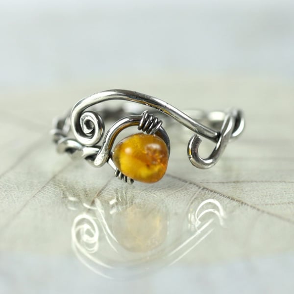 Adjustable Silver Ring with Amber - Viking Style Rustic Jewellery Wire Twist