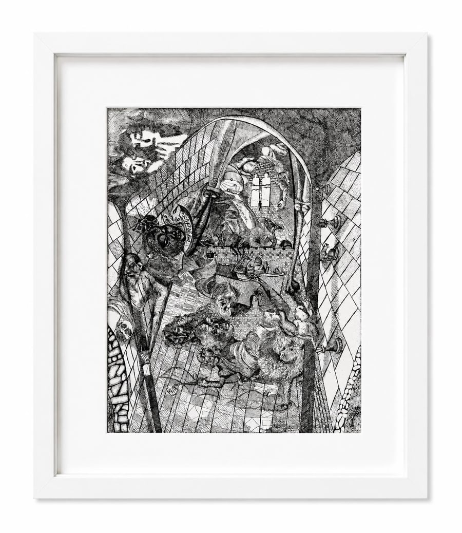 Church scene (after Antonello da Messina), etching on paper, signed and numbered