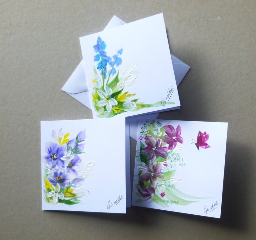 set of 3 hand painted floral greetings cards ( ref FA 136 M2 )