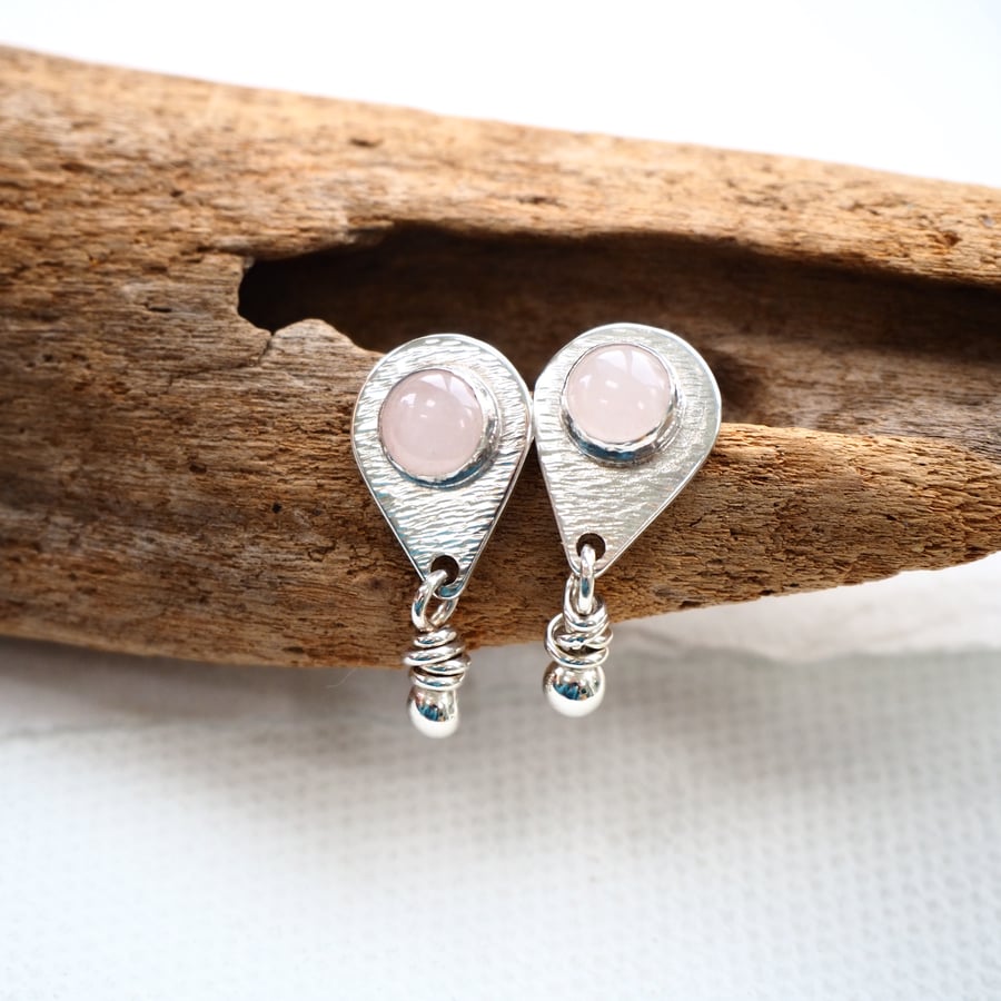 Earring studs, rose quarts, drop stud earrings, sterling silver