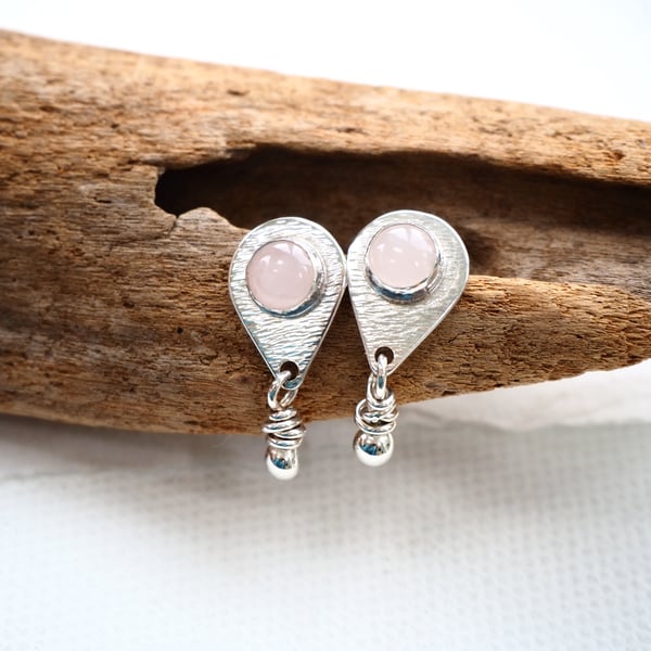 Earring studs, rose quarts, drop stud earrings, sterling silver