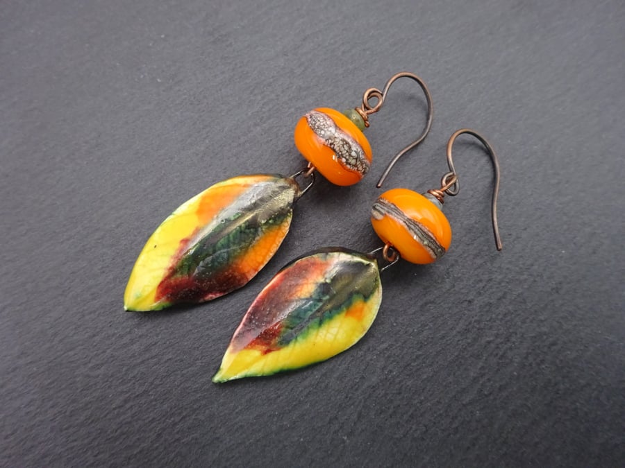 autumn leaves lampwork glass earrings
