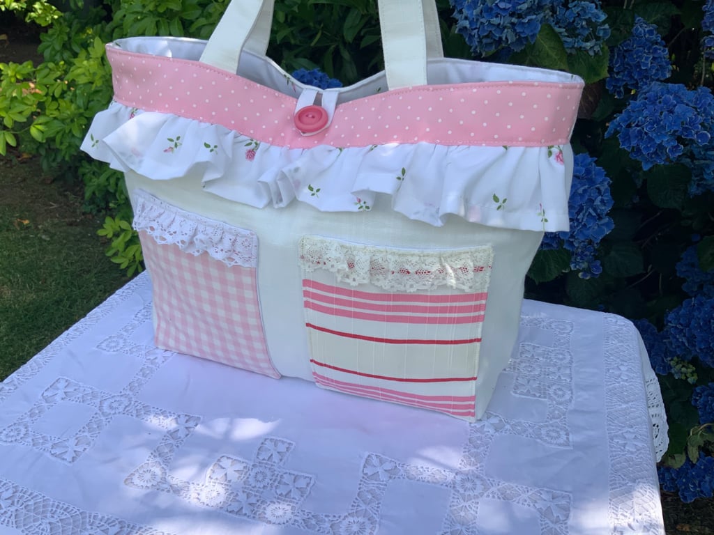 Handmade Ditsy Frilly Fabric Tote Bag, Handbag, Day Bag, Lunch Bag