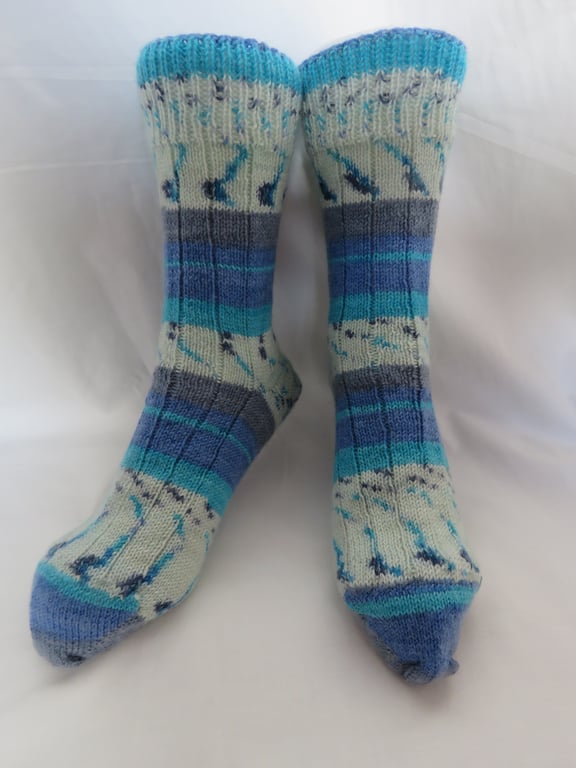 Hand-cranked Knitted Ribbed Wool Socks Size 8 to 9