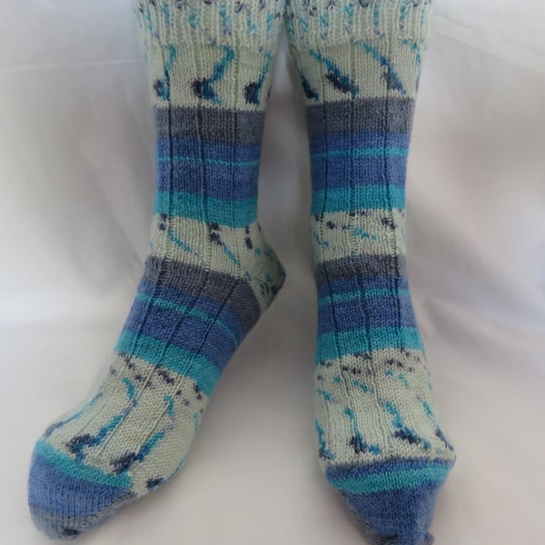 Hand-cranked Knitted Ribbed Wool Socks Size 8 to 9
