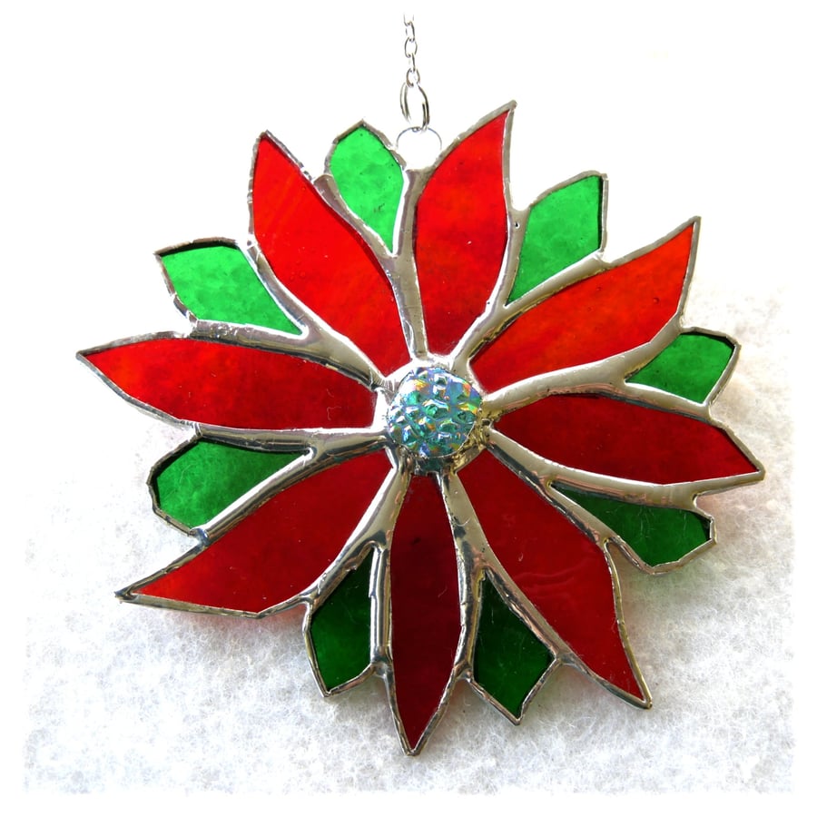 Red Flower Stained Glass Suncatcher Green Bright Colourful Floral