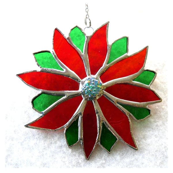 Red Flower Stained Glass Suncatcher Green Bright Colourful Floral
