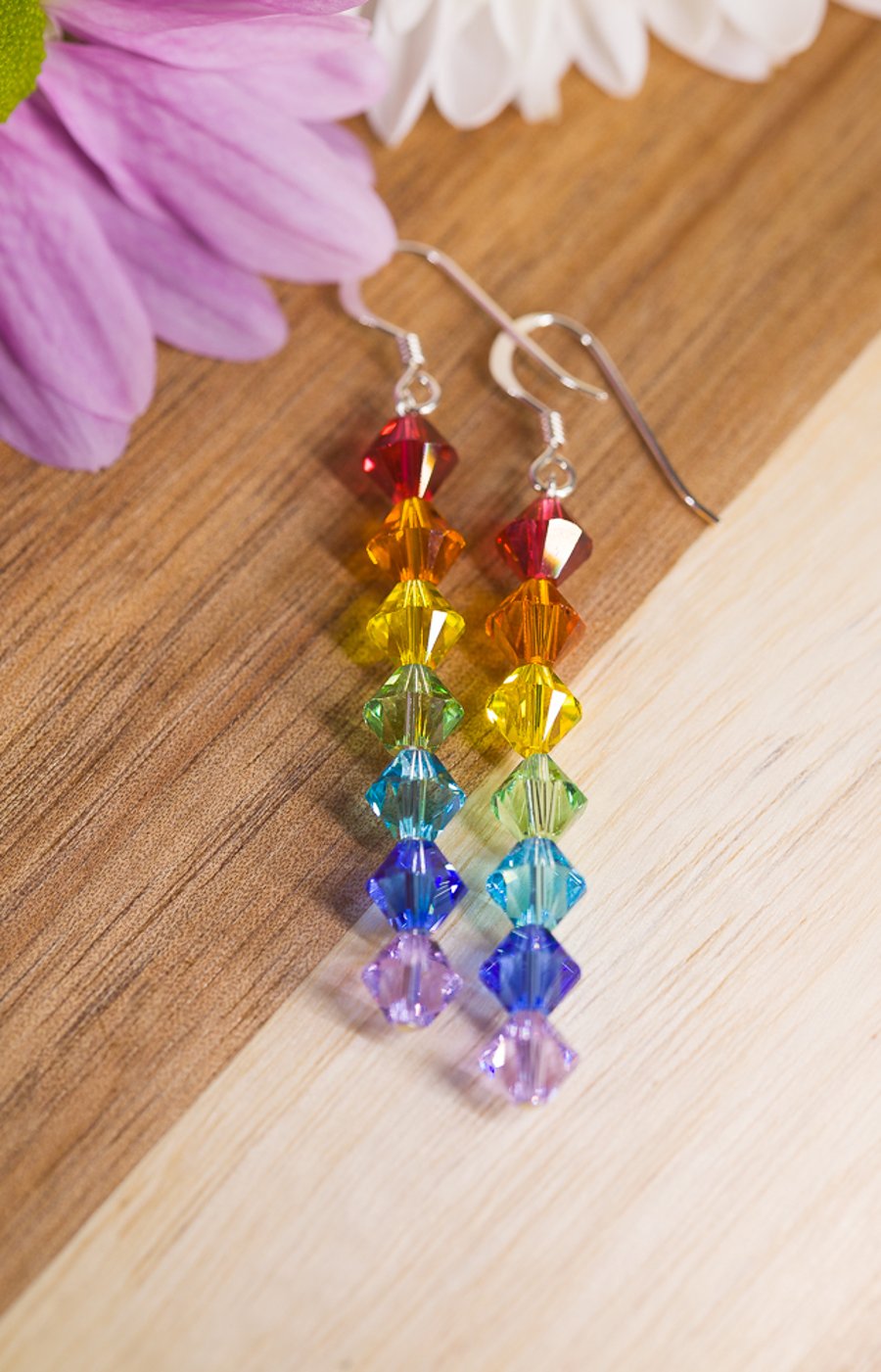 Earrings Sterling Silver and Swarovski rainbow drop dangle handmade