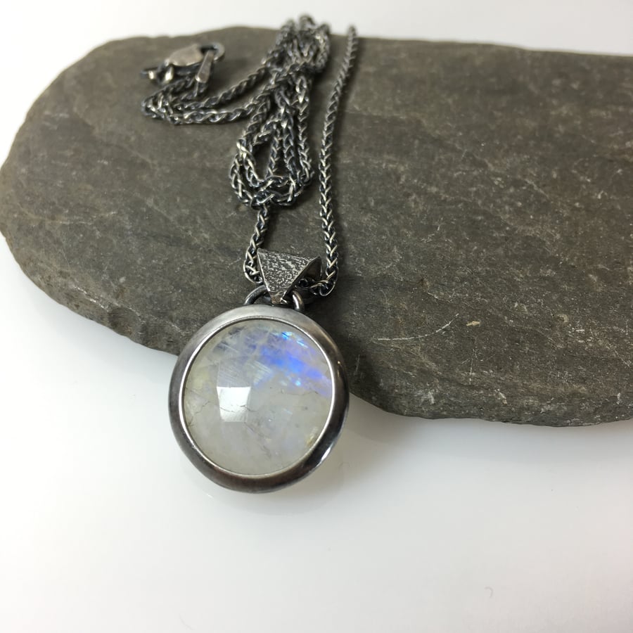 Sterling silver rainbow moonstone pendant and chain, full moon necklace