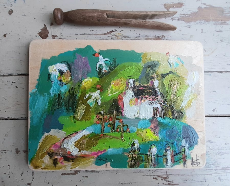 Naive style painting 'the birds flew off with my tomatoes '