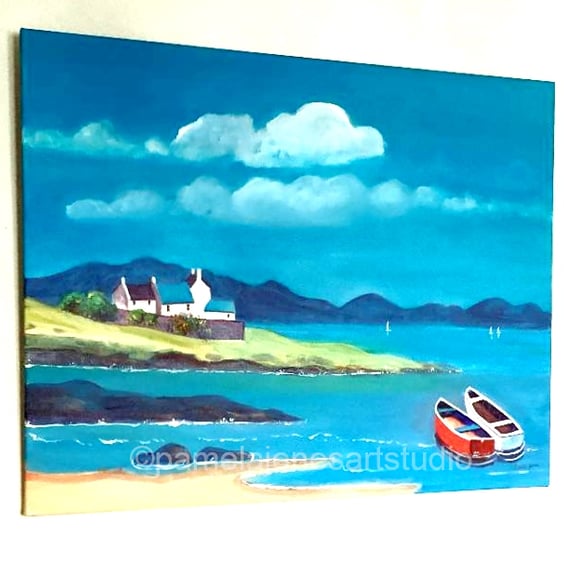 Brittany Beach Cottages, Boats, Acrylic Painting, on 30 x 24 '' Stretched Canvas