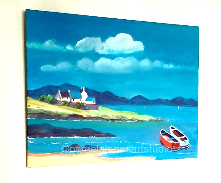 Beach Cottages, Boats, Acrylic Painting, on 30 x 24 '' Stretched Canvas, Blue 