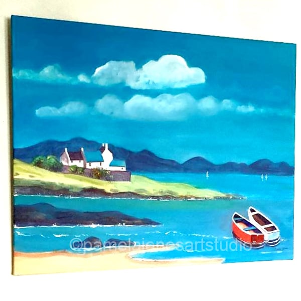 Beach Cottages, Boats, Acrylic Painting, on 30 x 24 '' Stretched Canvas, Blue 