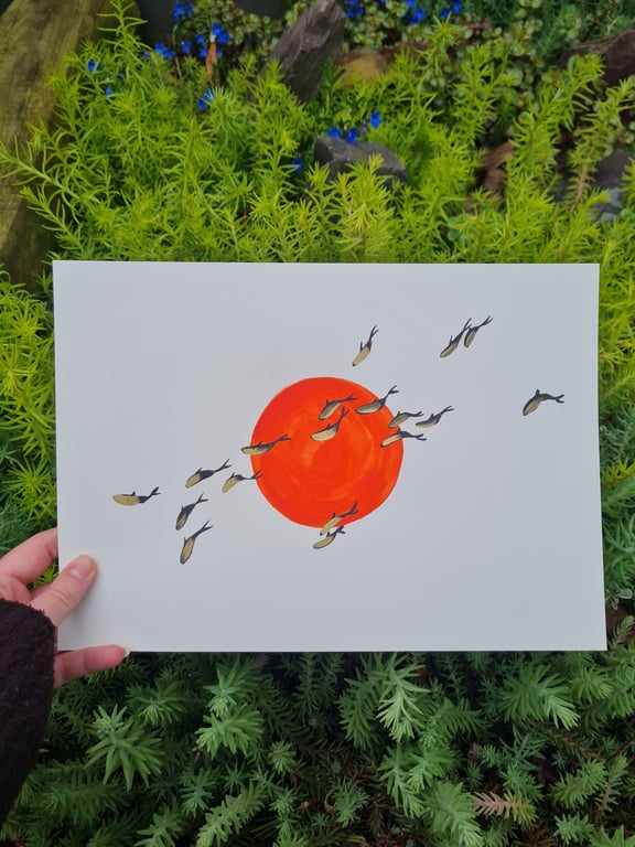 Original abstract fish watercolour painting, minimalistic