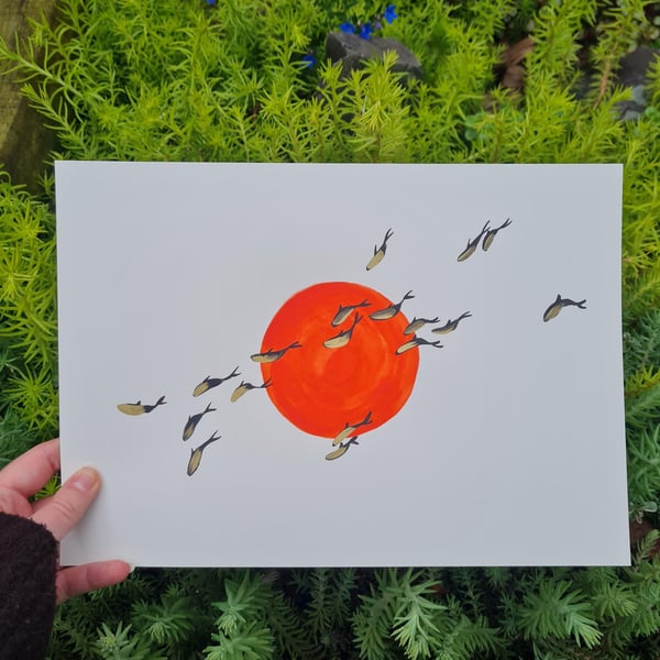 Original abstract fish watercolour painting, minimalistic