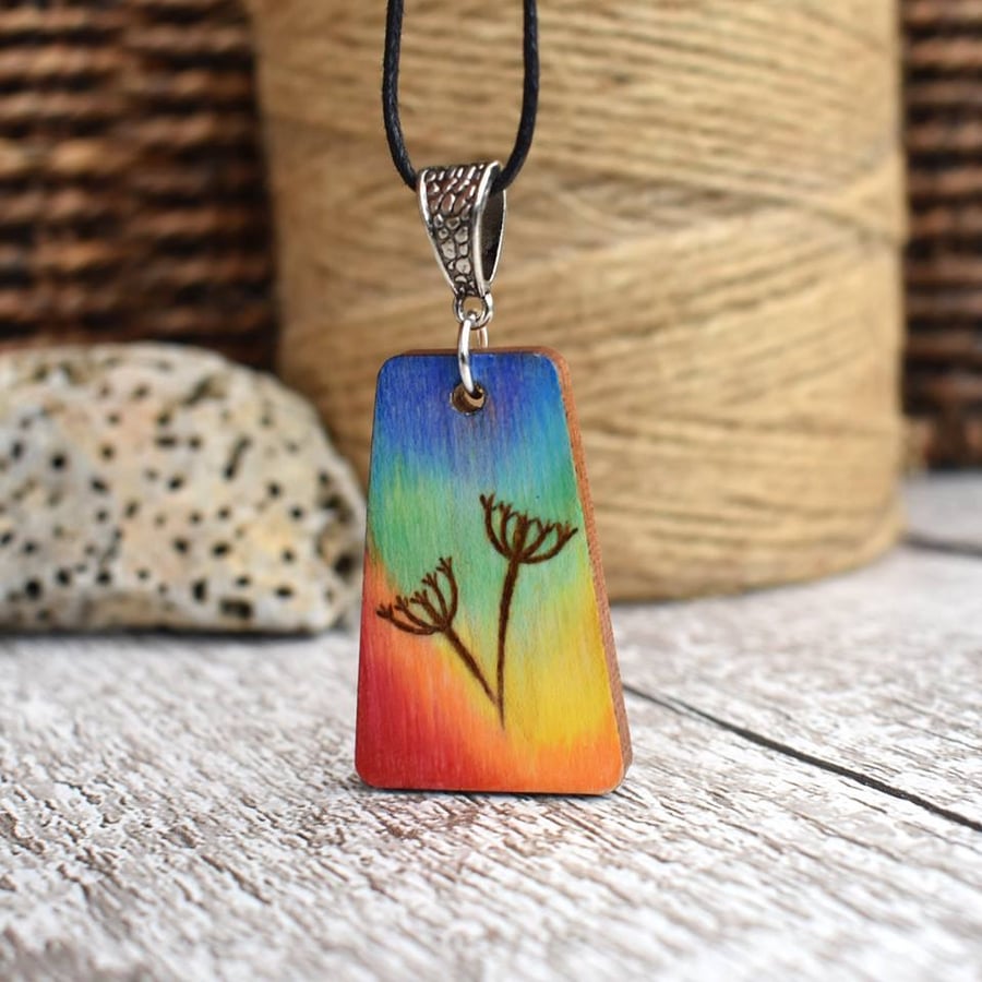 Rainbow umbels pyrography wooden pendant. Wildflower necklace for flower lover.