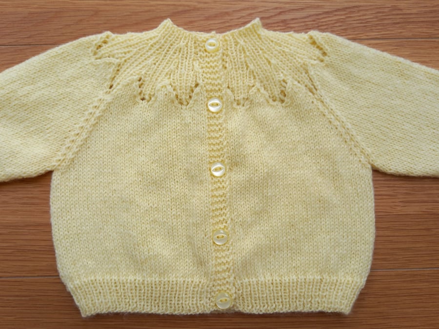 Handknitted yellow baby cardigan, approx 0-3 months, to fit a 16" chest