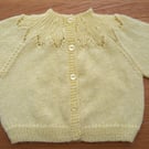 Handknitted yellow baby cardigan, approx 0-3 months, to fit a 16" chest