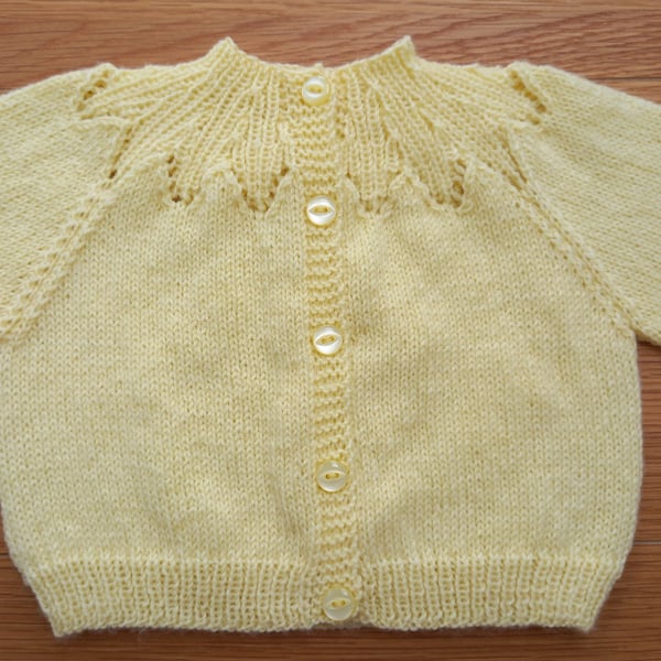 Handknitted yellow baby cardigan, approx 0-3 months, to fit a 16" chest