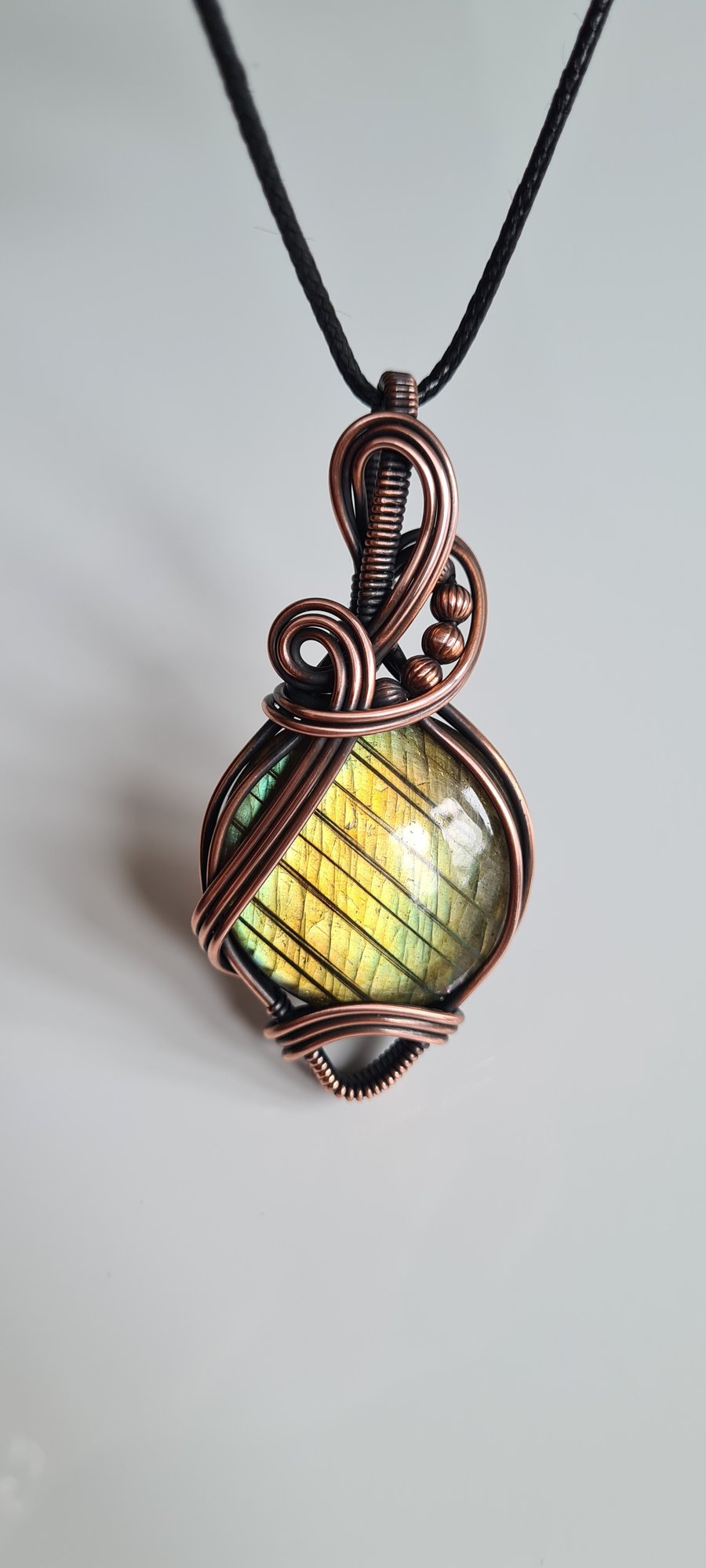 Large Natural Green Labradorite & Copper Pendant Necklace Gift Crystal Jewellery