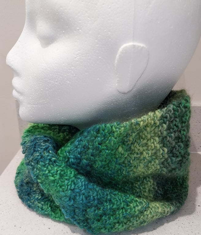 Handknit Wool and Silk Twisted Circular Cowl in Greens
